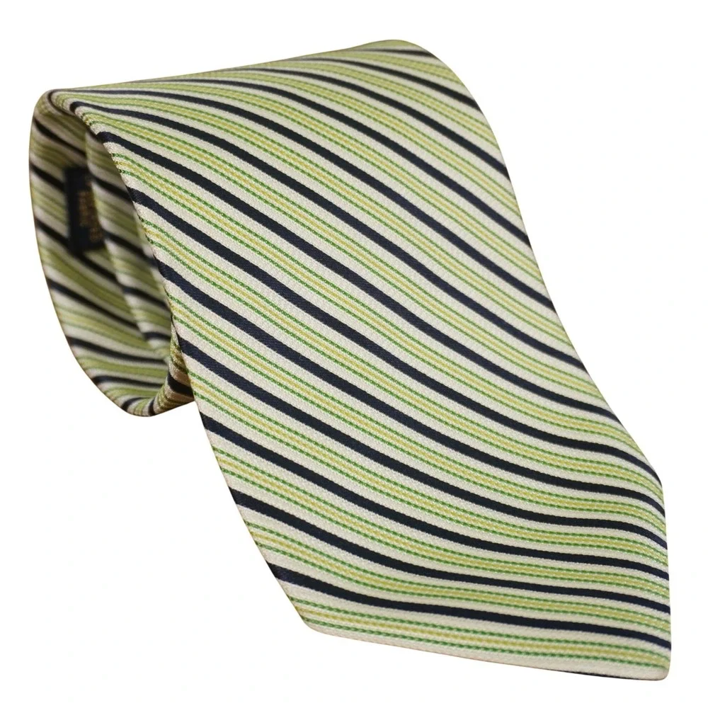 Brooks Brothers Necktie Men‎ Green Navy White Yellow Striped Pure Silk USA Made